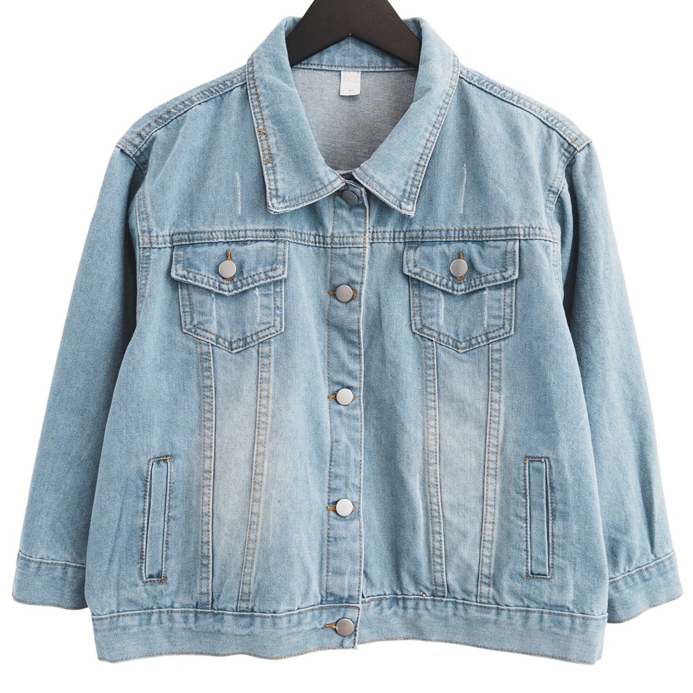 Denim Jacket‎ Women XL Light Wash Distressed Button Up 3/4 Sleeve Trucker Jacket